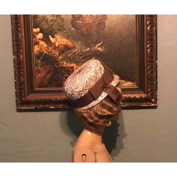 Vintage 60s Hat 1960s Straw XL Pillbox Cloche Netting Jackie Kennedy Mod Retro - Picture 4 of 9